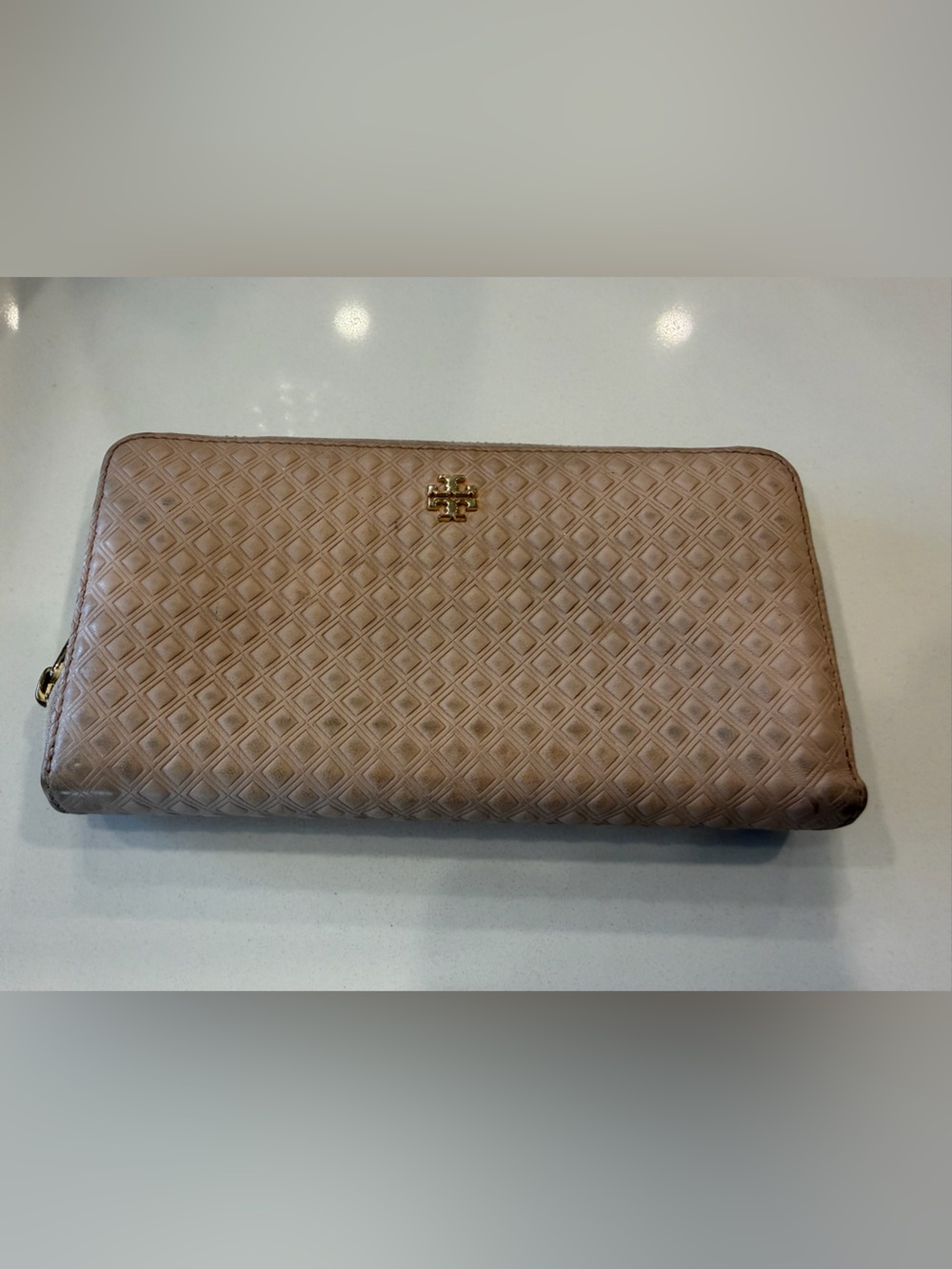 Tory Burch Pale Pink Leather Zip-Around Wallet with Gold Hardware
